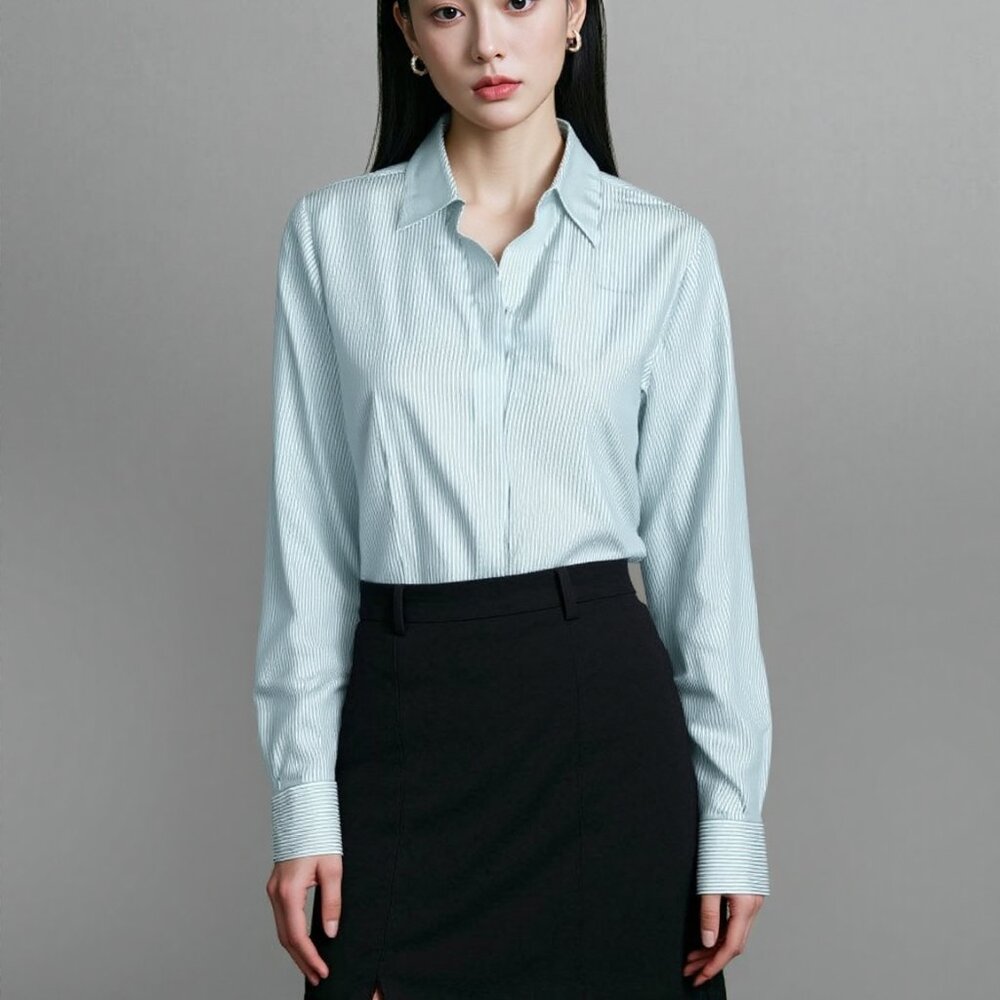 Chicos Teal Green Blue White Pinstripe Boyfriend Dress Shirt Blouse Top 0 S 4-6
